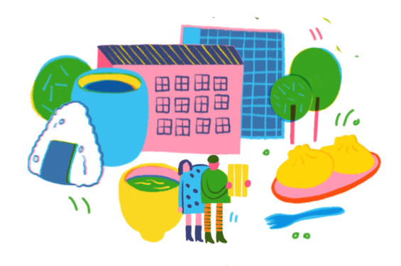 Illustration et resumé de salive en pictogrammes : de la nourriture, la ville, les micro-touristes