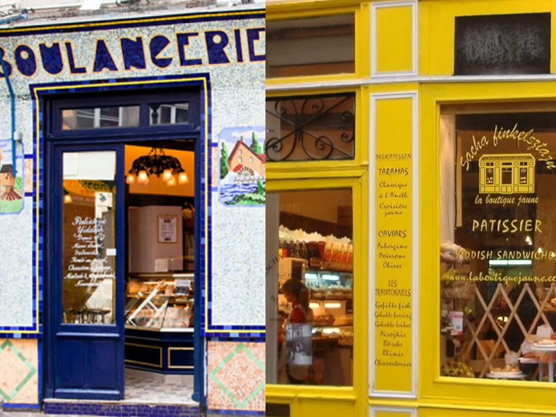 Boutique bleue et boutique jaune de la rue des rosiers